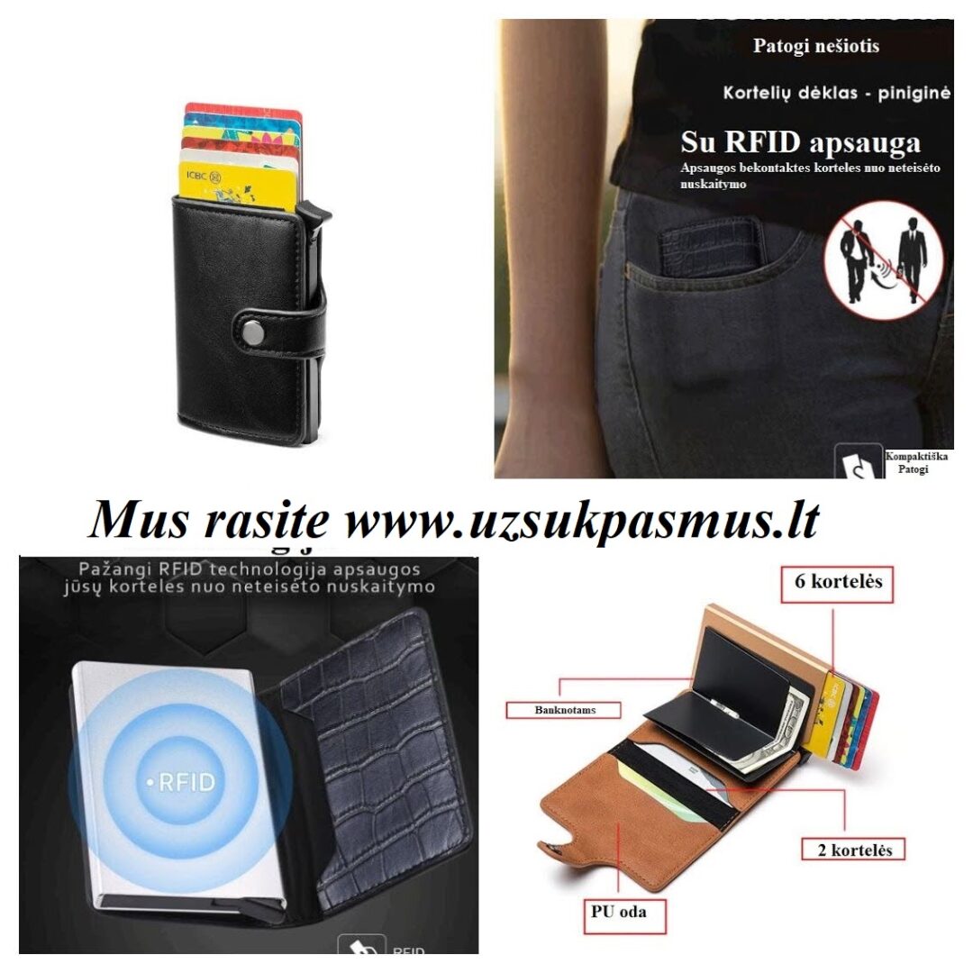 Kokybiška metalinė piniginė – kortelių dėklas turi apsaugą nuo RFID signalų, t.y. apsaugo viduje esančias bekontakčio nuskaitymo korteles