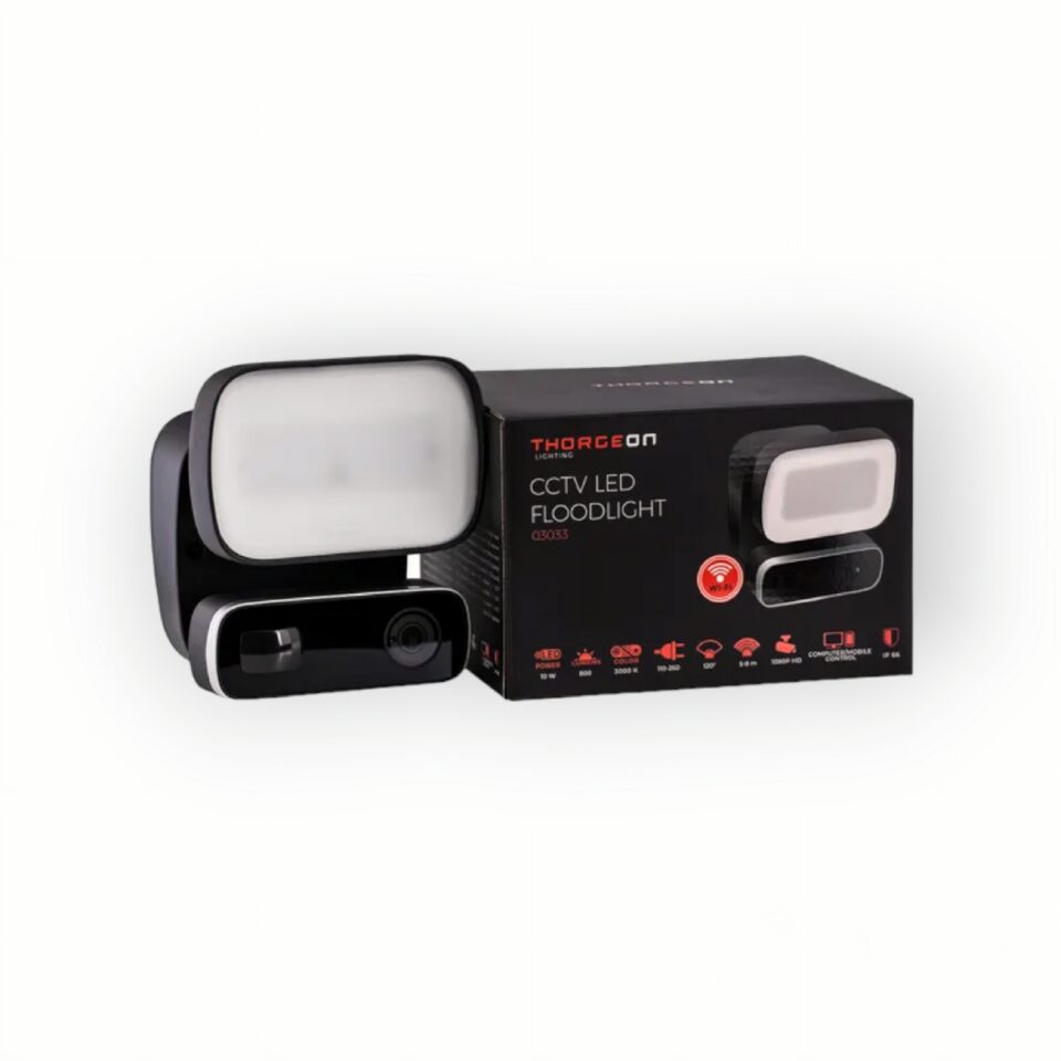 Wi-Fi CCTV LED prožektorius, 10W 3000K 800Lm, PIR jutiklis, 1080p HD kamera, IP65, THORGEON