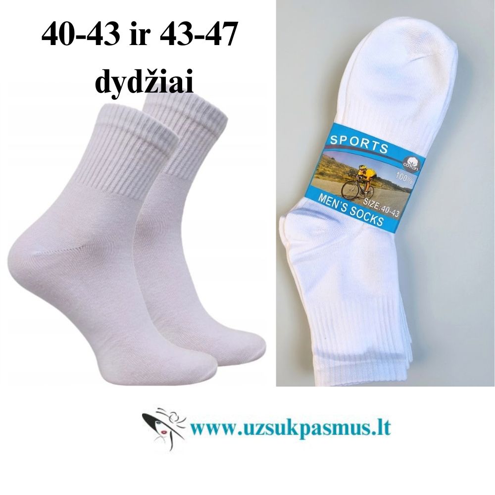 Klasikinės baltos vyriškos sportinės kojinės. Dideli dydžiai iki 43-47 dydžio