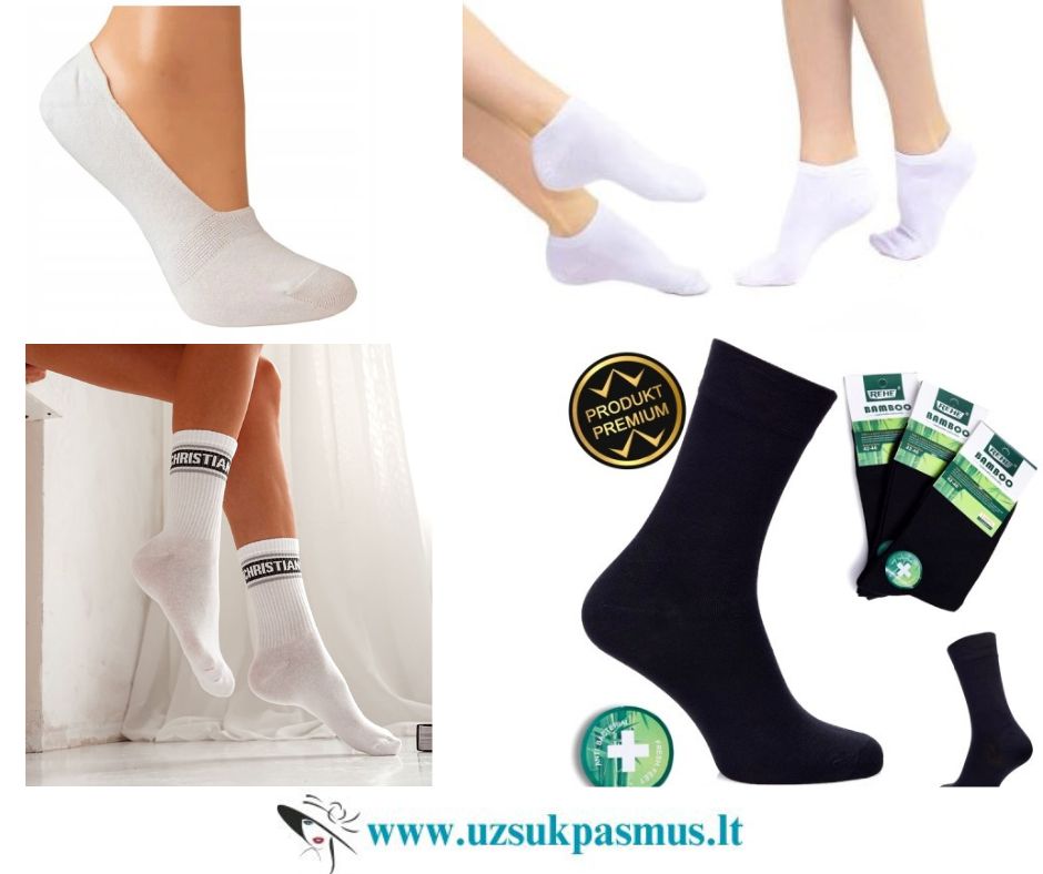 Moteriškos ir vyriškos kojinės, pėdutės, puskojinės. Medvilninės, bambukinės