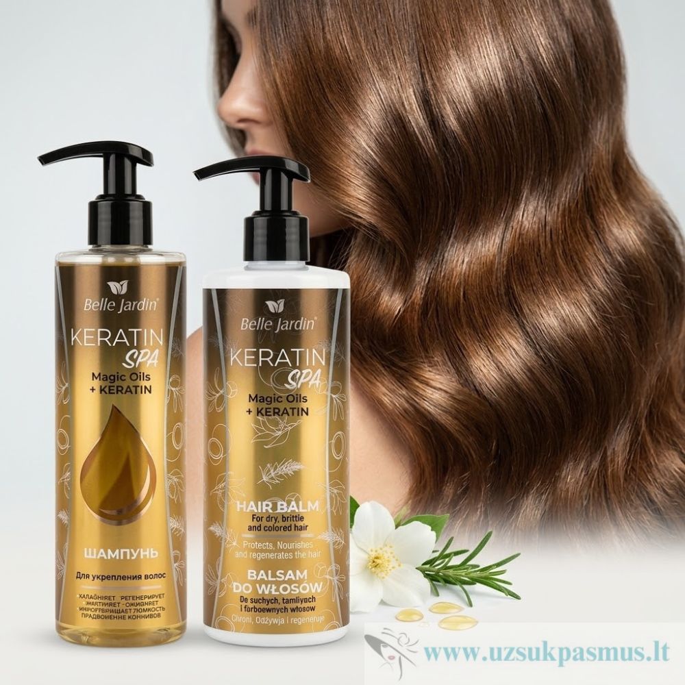 Plaukus stiprinantis šampūnas Belle Jardin – „Magic Oils &amp; Keratin“ ir „Keratin Spa“ plaukų balzamas
